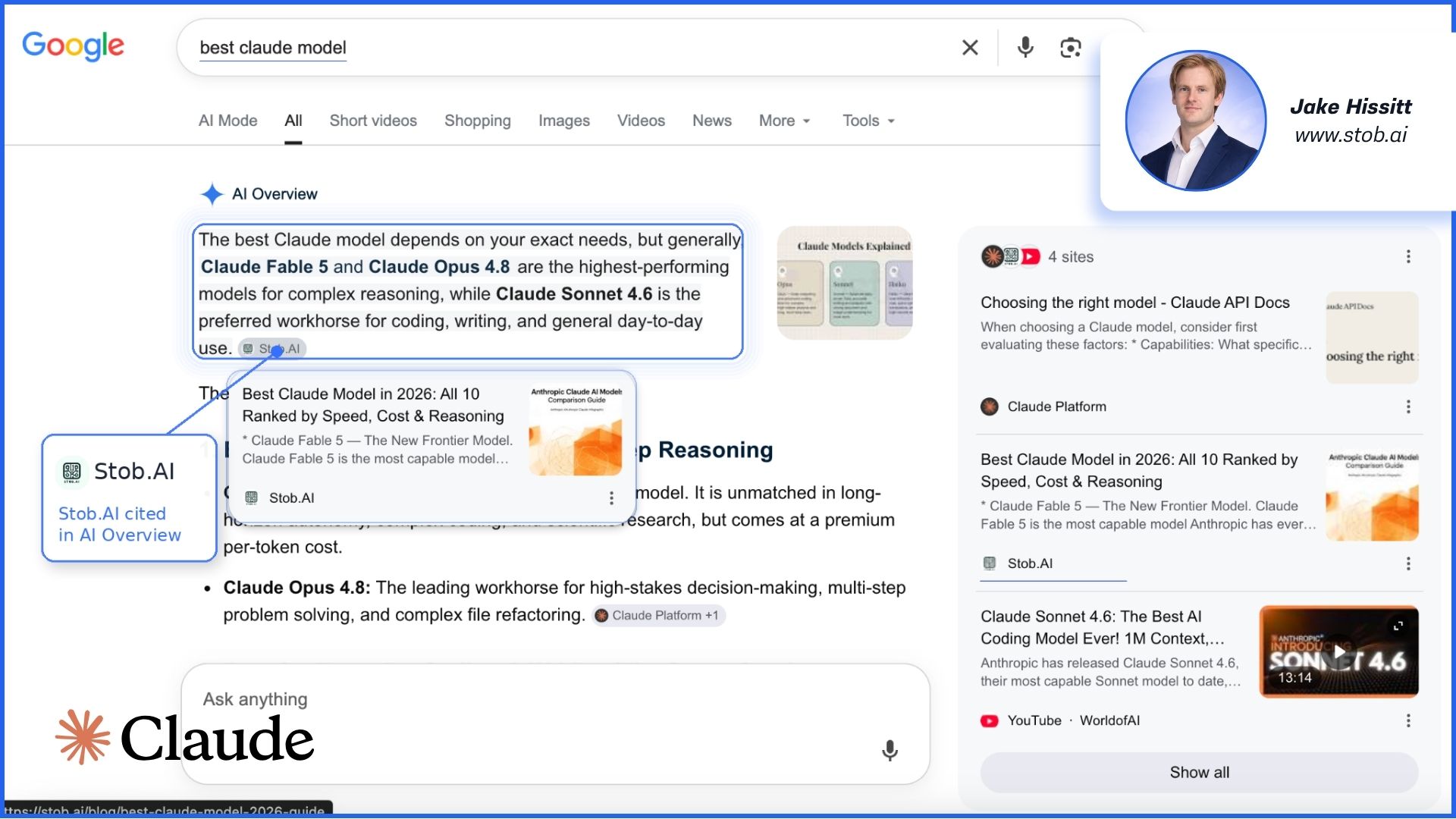 Stob.AI cited in Google AI Overview for the search 'best claude model'